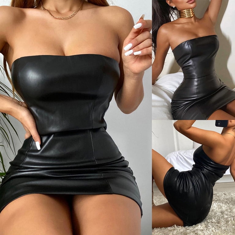 Women Sexy Faux Leather Black Bodycon Mini Dress Sleeveless Strapless Tube  Top High Waist Package Hip Sheath Clubwear - Walmart.com