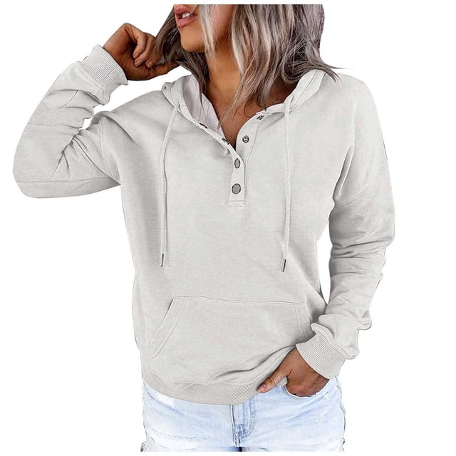 WEAIXIMIUNG Chandails en Molleton Graphiques pour Femmes Grande Taille Automne et Hiver Style de Rue à la Mode Couleur Unie Col à Boutons Poche Cordon de Serrage Chandail à Capuchon de Sport Décontracté