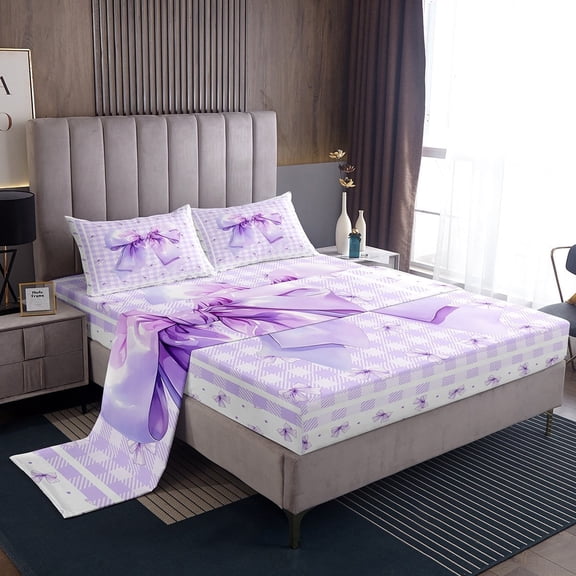 Erosebridal Princess Bow Sheet Set Twin, Purple Bedding Sets Twin Size, Chic Plaid Decor 3 Pieces