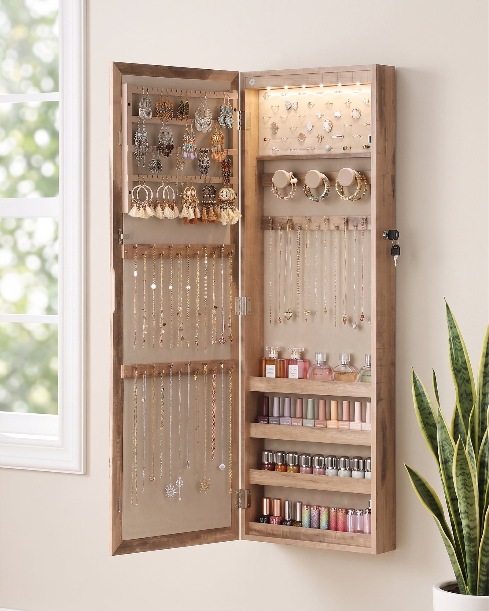 Skyhill Mirror Jewelry Cabinet,40in Jewelry Armoire Organizer,Door or Wall Mounted,6 LED Lights（Oak）
