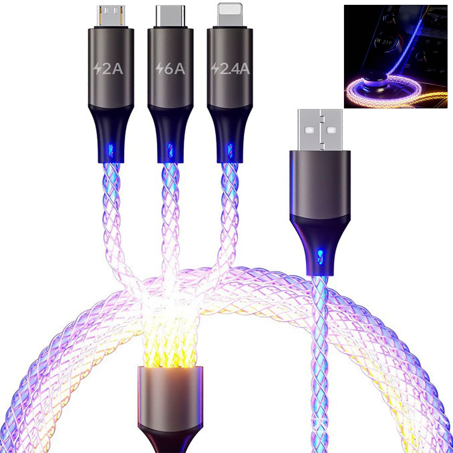 Light Up Phone Charger Cord, Multi LED Charging Cable RGB Glowing