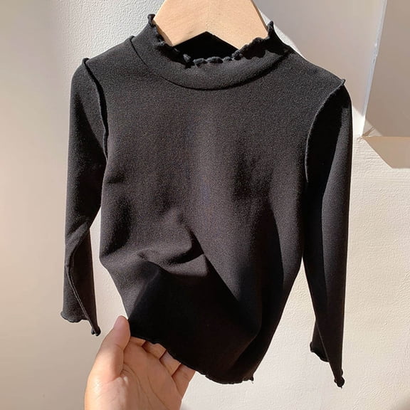 Girls T Shirts Ruffles Solid Print Neck Long Sleeve Sweatshirt for Everyday Wear Girls' Tops Tees Blouses Black 4 Years-5 Years