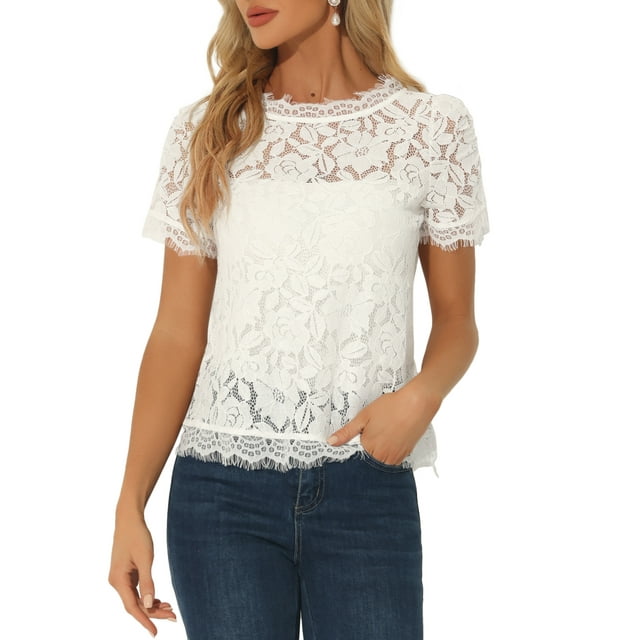 Inspire Chic Conjunto Blusa de Encaje Floral con Corte en Olas y Manga Corta Semi Transparente L Crema Blanca