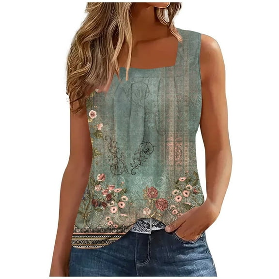 Women Trendy Tank Tops Loose Fit Pleated Square Neck Sleeveless Shirts Curved Hem Flowy Summer Vacation Blouses