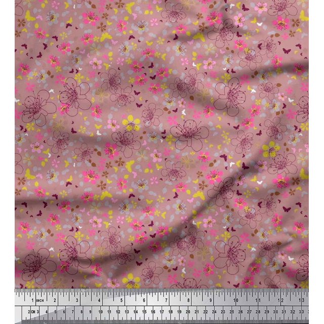 Soimoi Toile de Soie Feuilles, Papillon & Fleur Imprimé Floral 1 Yard 42 Inch Wide