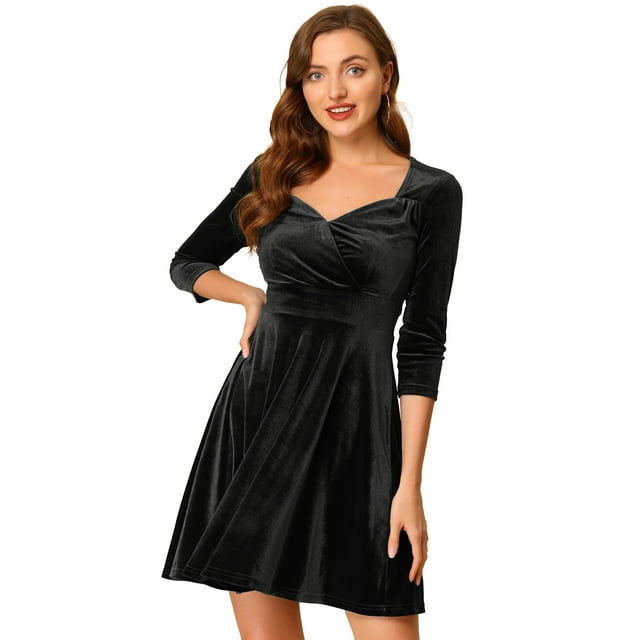 INSPIRE CHIC Robe de Fête Évasée pour Femme d'Halloween en Velours à Encolure Cœur, Manches 3/4, Petite, Noire