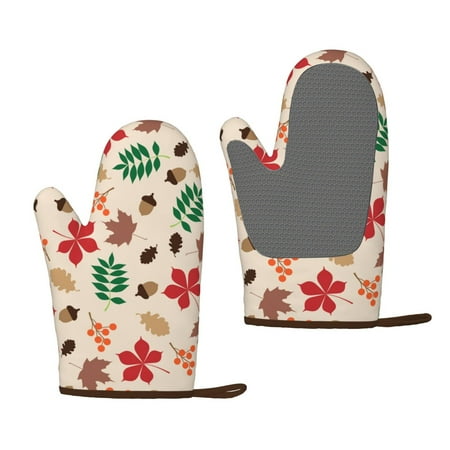 

XMXT 2 Pcs Silicone Oven Gloves Autumn Maple Leaf Print Thickened Non-Slip Gloves Brown