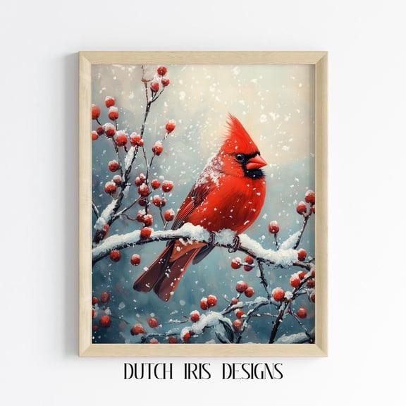 Rustic Winter Red Cardinal, Vibrant Bird In Snowy Branches, Cottagecore Wall Art, Nature Decor Print 129 Home Decor #1541, Unframed Poster Size 8x12