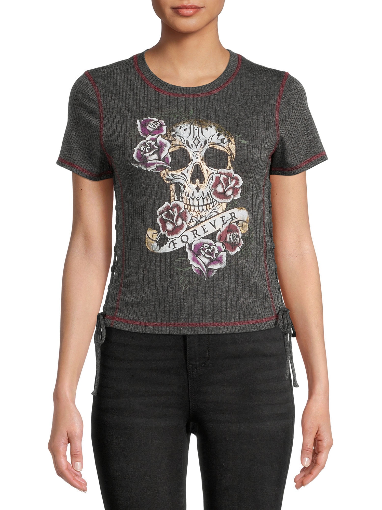 No Boundaries Juniors' Lace Up Graphic Print Tee