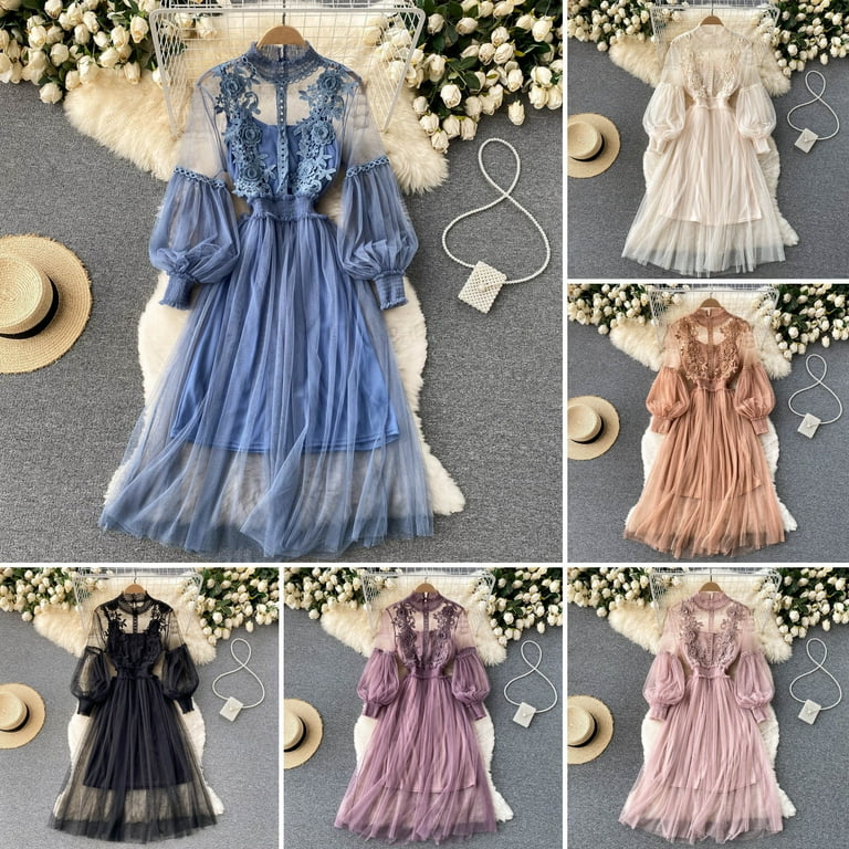 2 Pcs/Set Women Dress Suit Shirring Floral Embroidery See-through Lace  Lantern Sleeves Pleated A-line Elastic Waist Midi Dress Slip Dress Suit -  Walmart.com