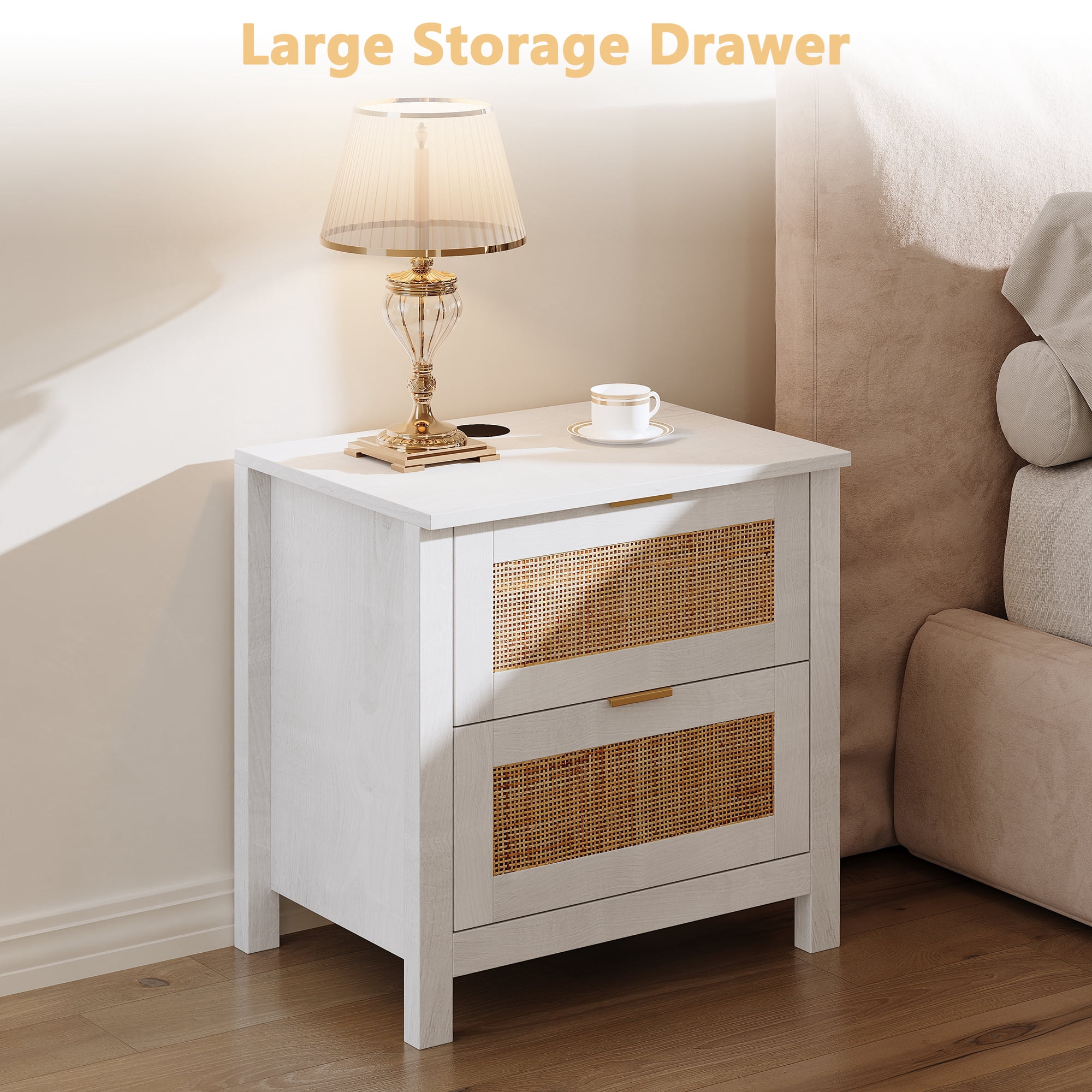 AODAILIHB Accent Bed Side Table, Rattan Night Stands Decor Drawer set of 2, Natural Wood Side Table with Wireless Charging Station, White