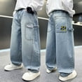 thumbnail image 2 of shqvo Teen Boys Jeans Size 14-16 Wide Leg High Waisted Elastic Waist Cotton Baggy Jeans Boy Loose Fit Classic Fashion Trousers Streetwear with Pockets Blue 15-16 Years, 2 of 9