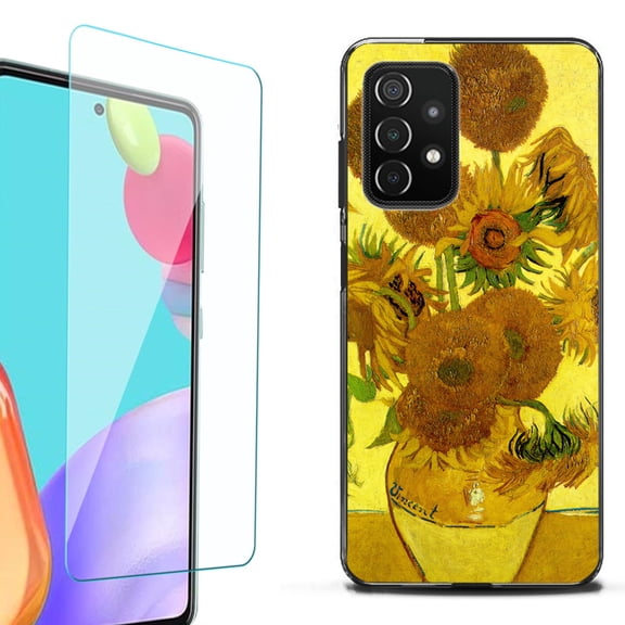 Slim-Fit Flexible TPU Gel Phone Case (black) for Samsung Galaxy A52 5G, with Tempered Glass Screen Protector, by OneToughShield ® - Sunflower