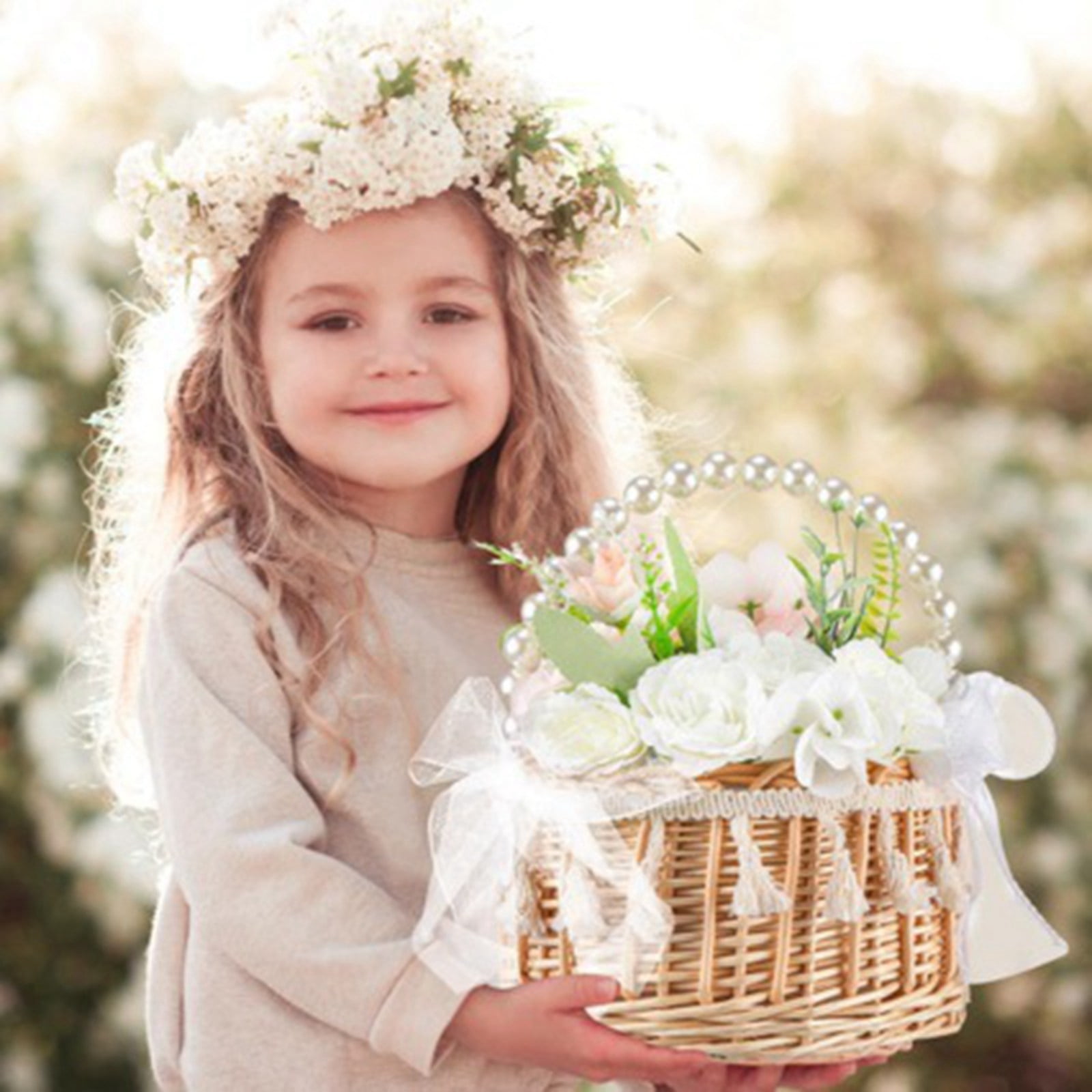 Wicker Rattan Flower Girl Basket Wedding Flower Girl Basket with Pearl Handle and Bow Fairy Flower Basket Handwoven Easter Basket Wicker Basket for Wedding Flower Girl