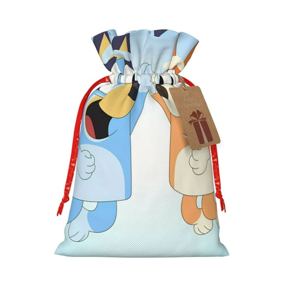 Masiiu Bluey Print Christmas Gift Bag, Burlap Drawstring Pouch with Kraft Paper Card for Holiday, Party, and Birthday Wrapping-Small