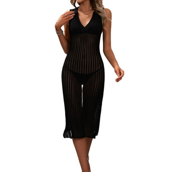 SWSMCLT Women's Summer Cover Up Dresses Coverup Dress Swimsuit V Neck Beach Sexy Casual Mid-length Black X-Large