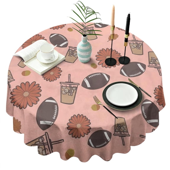 Pink Football and Drinks Pattern Round Tablecloth 60"x60",Wrinkle Wipeable Table Cloth for Kitchen Dining Room Picnic Patio Party