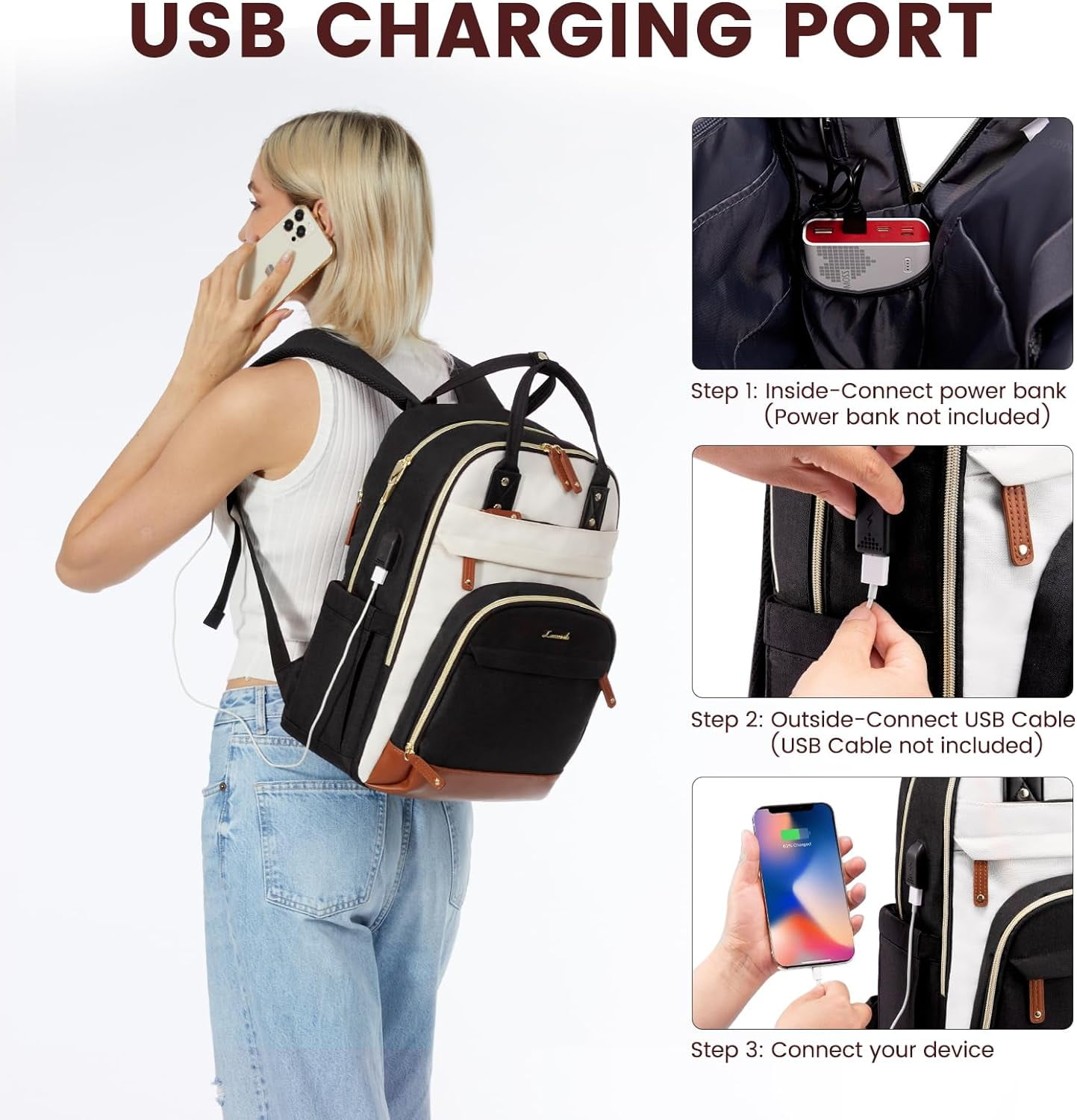 Lovevook Women's USB Charging Port Nylon 15.6" Laptop Backpack, Black-Beige
