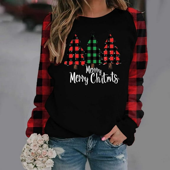 Womens Tops Christmas Print Plaid Long Sleeves Round Neck Winter Printed Loose Casual Sweatshirts,Tops for Women Red S