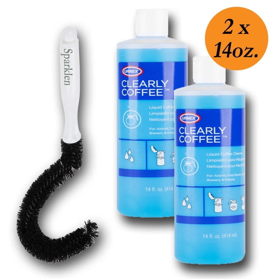 Urnex Clearly Coffee Pot Cleaner, French Press Liquid Cleaner for Brewers Glass Bowls and Thermal Servers Removes Coffee Oils (2 x14 Ounce) and compatible Sparklen Curved Coffee Pot Cleaning Brush