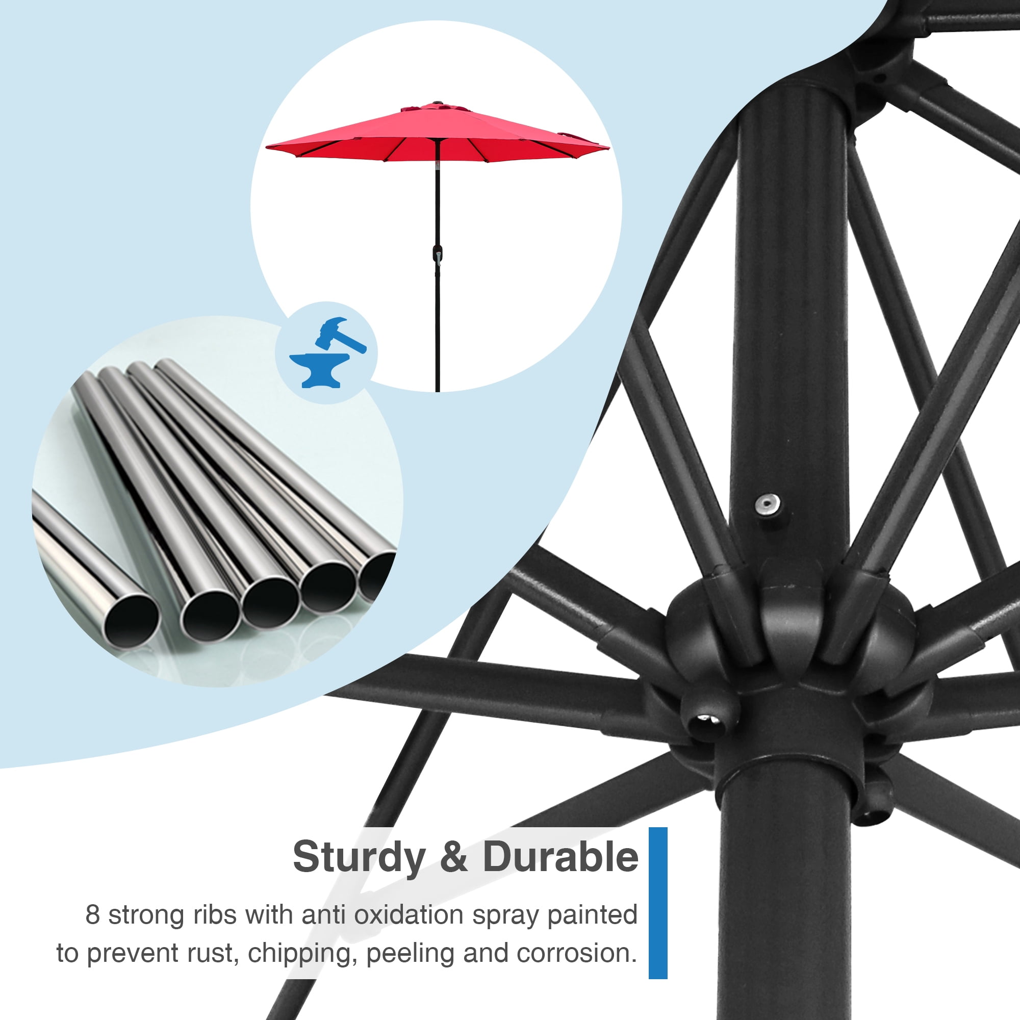 Abble Outdoor 9ft Patio Umbrella with Crank Handle and Push Button Tilt, Outdoor Market Umbrella with 8 Ribs for Garden, Deck, Backyard, Pool, Red
