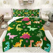 Feelyou Funny Cartoon Dino Full Size Comforter Sets for Kids, Cute Dinosaur Lover Bedding Comforter Set, Leaf Plant Botanical Reversible Bedding Sets, Microfiber Bedroom Decor, 3pcs
