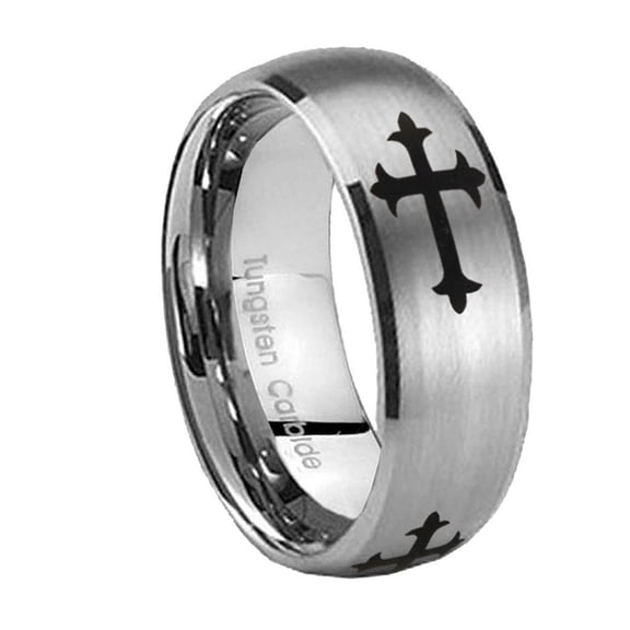Christian Cross Brushed Gray Dome Tungsten Men Ring 10MM