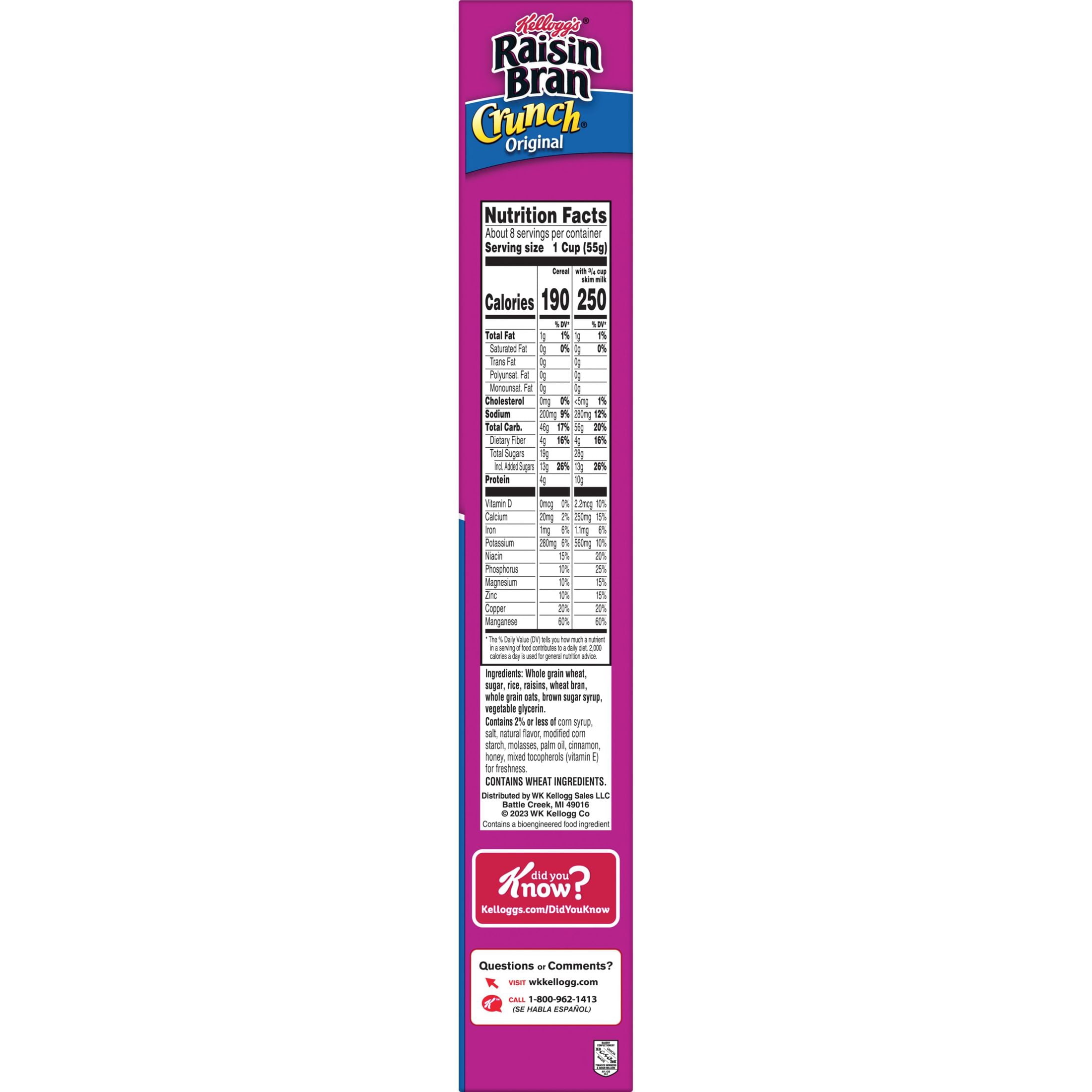 Kellogg's Raisin Bran Crunch Breakfast Cereal, Fiber Cereal, Family Breakfast, 15.4oz Box (Pack 6)