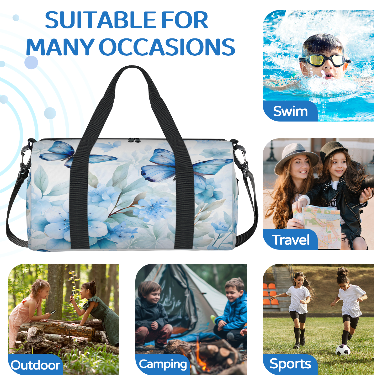 Herdesigns Blue Butterfly Flower Travel Duffle Bag Sports Yoga Weekender Overnight Carry on Workout Bags Lightweight Waterproof Gym Tote Bag for Women