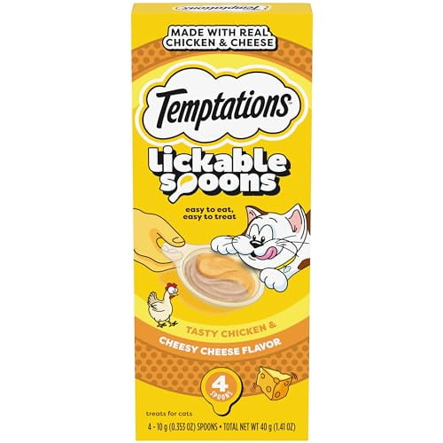 Temptations Lickable Spoons Adult Wet Cat Treat, Tasty Chicken and Cheesy Cheese Flavor, 10 Grams, Pack of 24 (96 Total Treats)