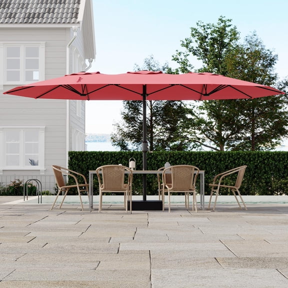 15ft Large Patio Umbrellas with Base, Outdoor Double-Sided Big Market Umbrella, Double-Topped Outdoor Umbrellas with Stand for Backyard Poolside Lawn Market, Three-Head Umbrella, Khaki