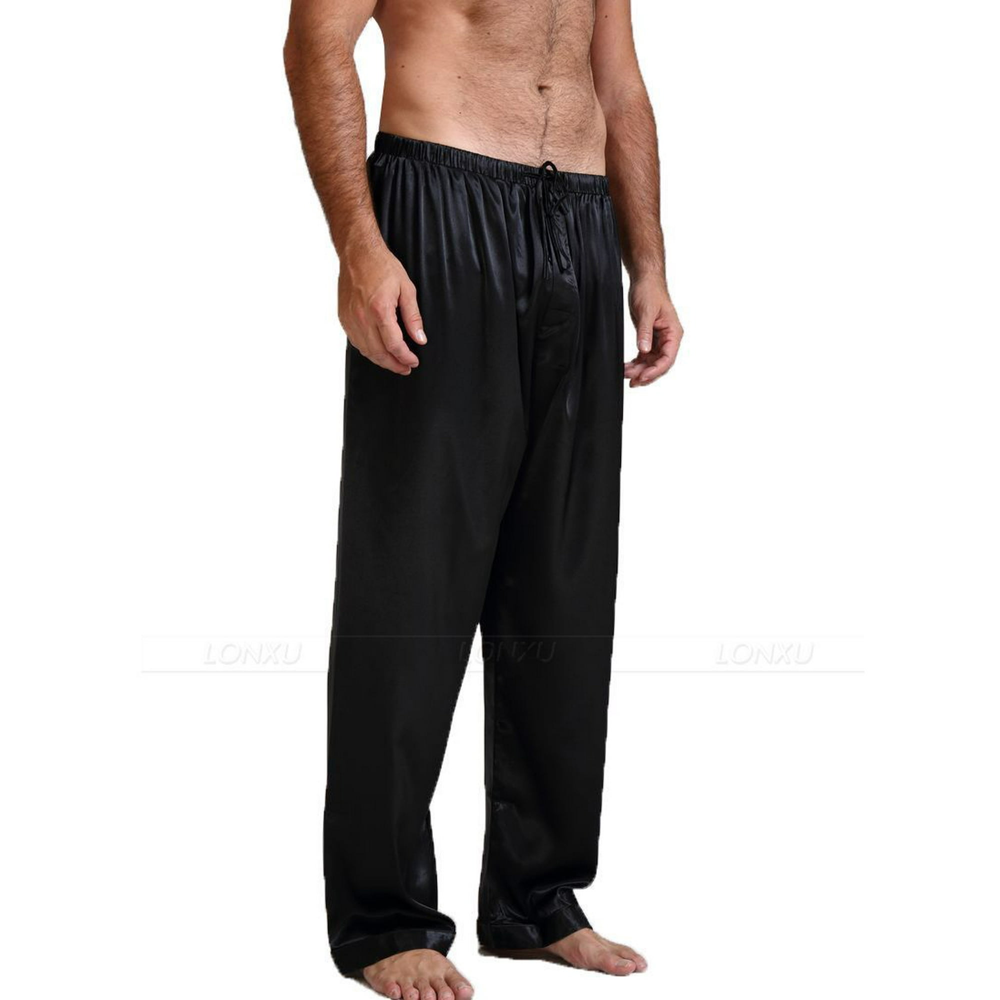 Fortune Mens Pants Nightwear Sleepwear Bath Satin Silk Long Lounge Pants Black