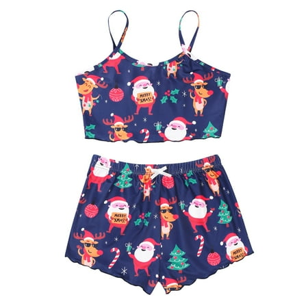 

Women s 2PCS Sleepwear Set Christmas Pattern Christmas Santa Deers Print Lettuce Trim Cami Top Vest And Shorts Hot Pants Thin Pajama Set Sleepwear
