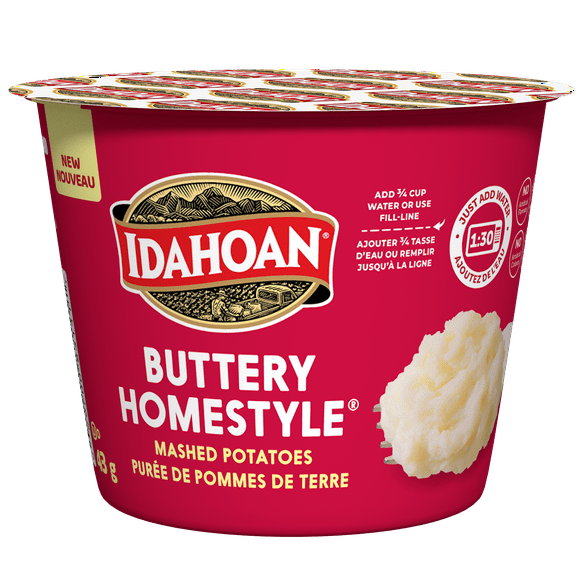 IDAHOAN BUTTERY MASHED CUPS, Whip up delicious, rich mashed potatoes in minutes with Idahoan Buttery Homestyle Mashed Potatoes!