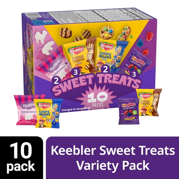(2 pack) Keebler Sweet Treat Variety Pack, 10-Count Box, Includes Chips Deluxe, Funables, Fudge Stripes, and Mother's Circus Animal Cookies, 9.4 oz