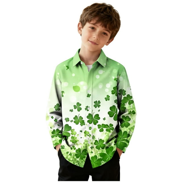 RXMEKW Chemise d'Anniversaire Garçon, Chemise Décontractée à Manches Longues avec Col Rabattu et Imprimé de la Saint-Patrick pour Garçons