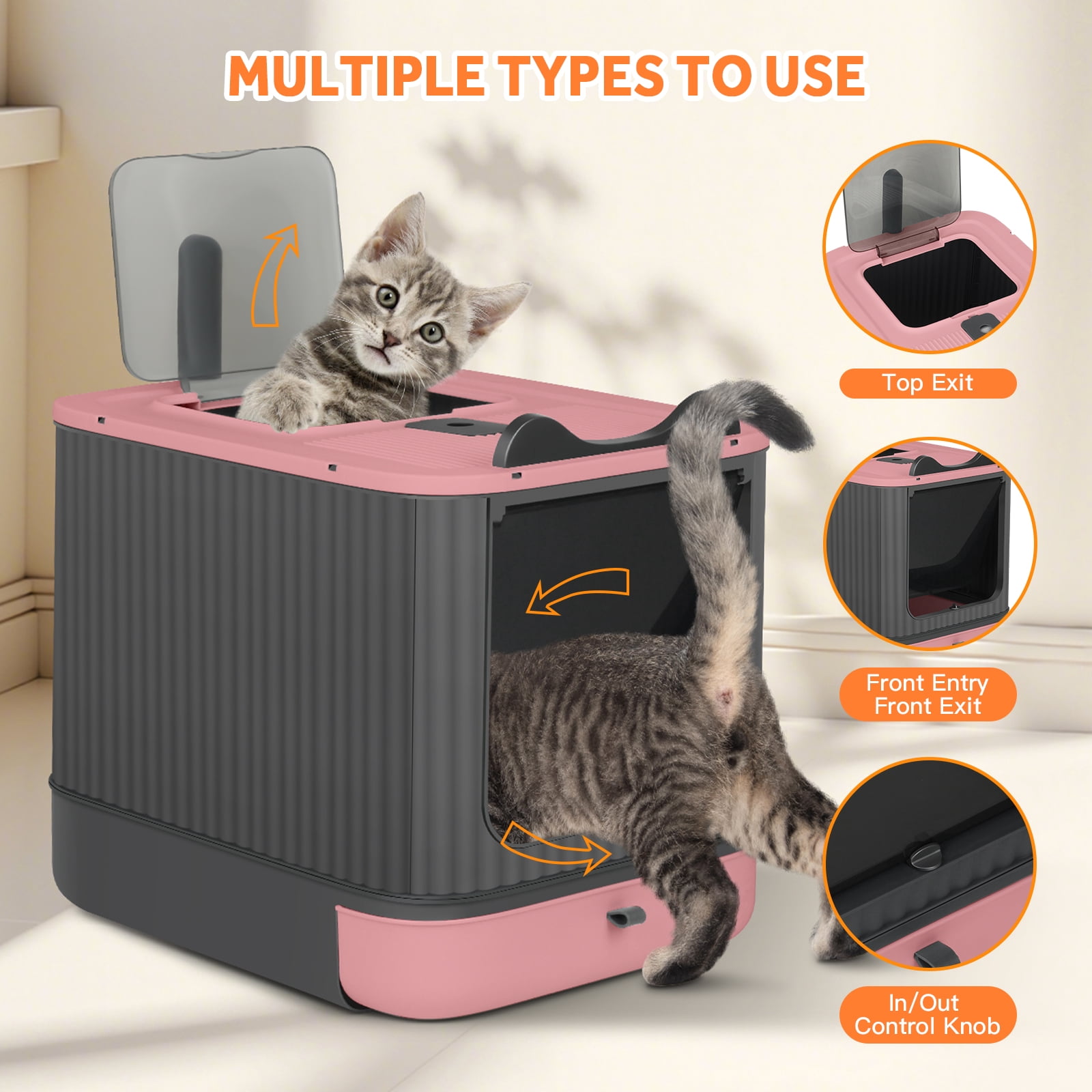 PHANCIR Enclosed Cat Litter Box with Lid, Easy to Clean with Includes Scoop & 4 Charcoal Deodorizer Bags,Pink