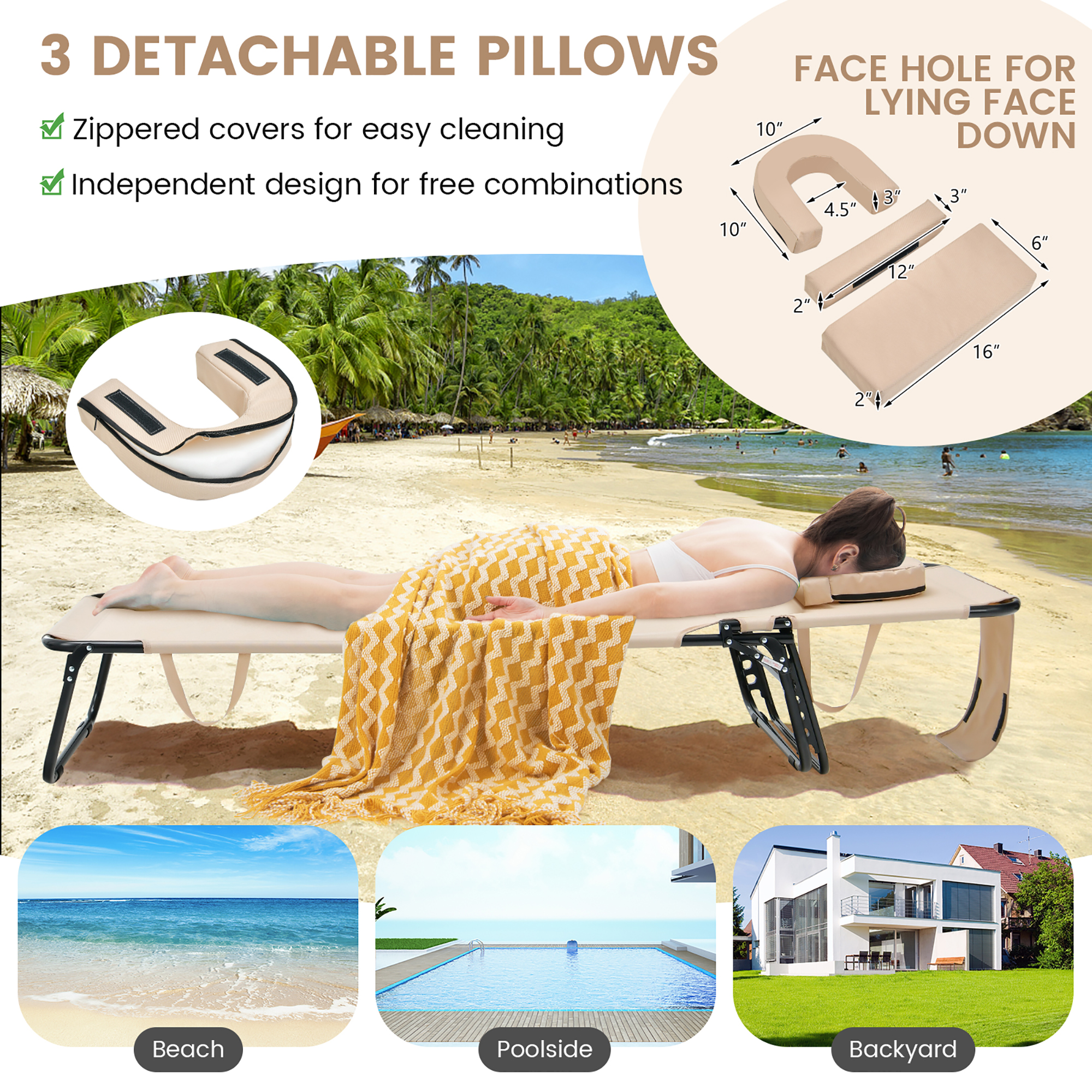 Costway 2 PCS Beach Chaise Lounge Chair with Face Hole Pillows & Adjustable Backrest Beige - image 3 of 10