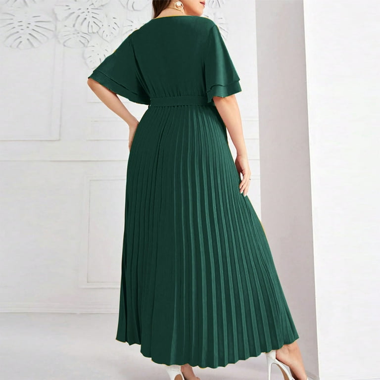 SMihono Fashion Womens Elegant Plus Size Dress Loose Short Sleeve Crewneck  Solid Pleated Flowy Maxi Dress with Waist-Tie Green 14 - Walmart.com