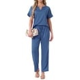 thumbnail image 2 of INSPIRE CHIC Womens Satin Pajamas Silky Short Sleeve V Neck Shirt with Long Pant Soft Loungewear Pjs Set S Blue, 2 of 6