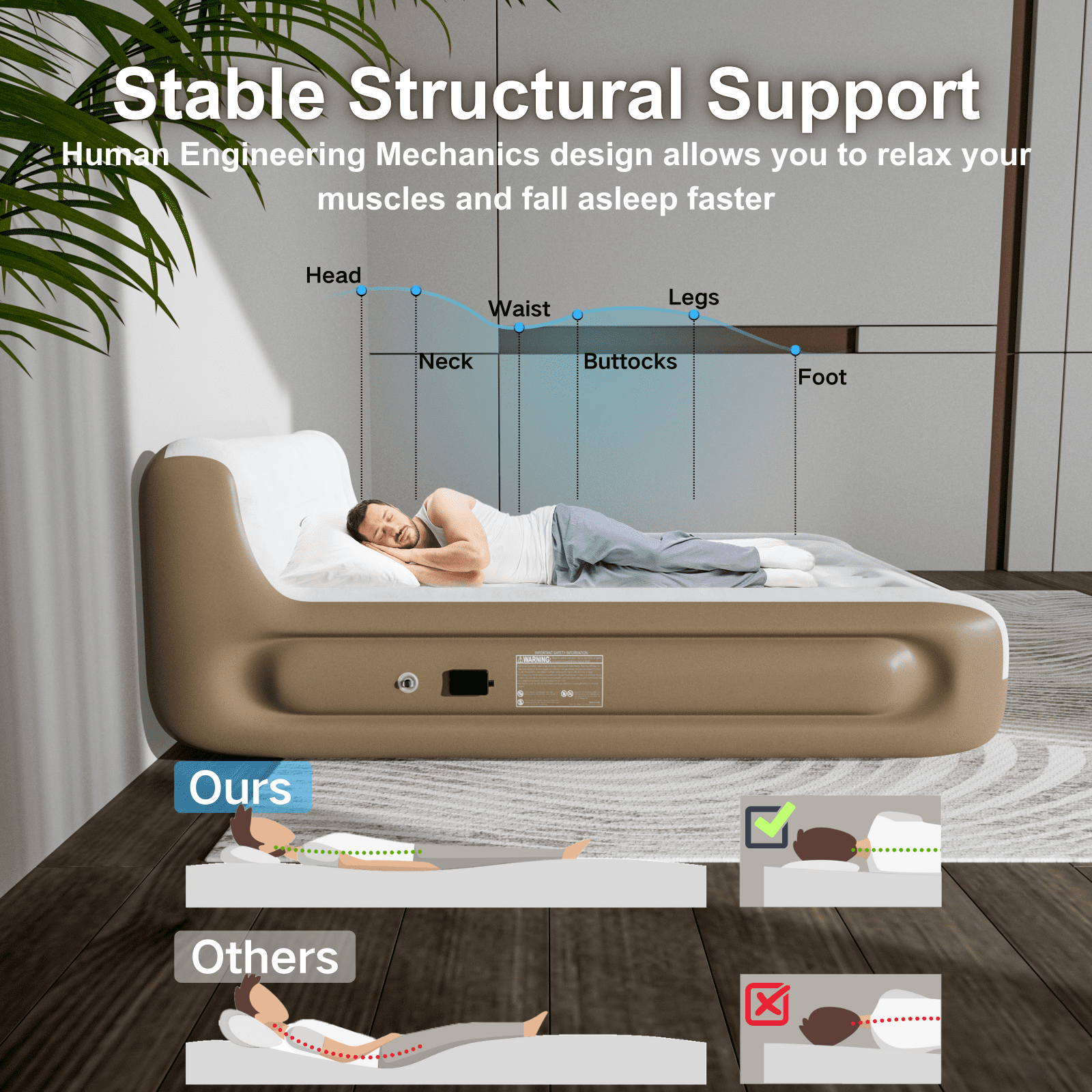 Queen Air Mattress with Headboard,Built in Pump,18”Self Inflating Air Bed for Family Guest Travel Camping,Khaki