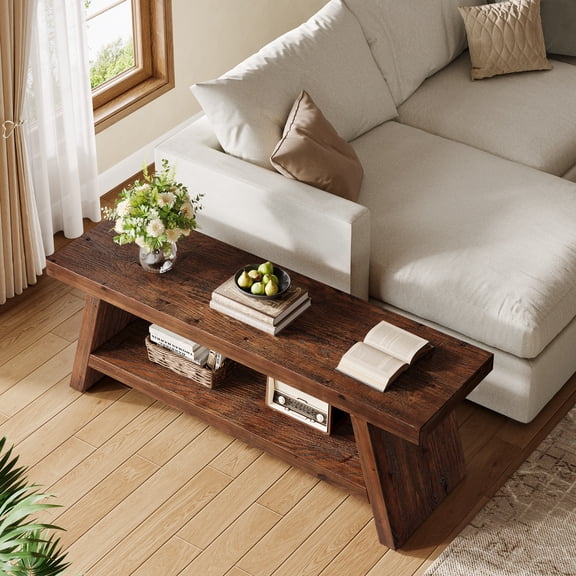 Finmind 2-Tier Entryway Bench with Open Shelves, 47.24 Inch Solid Wood Seating Bench, Wooden Shoe Bench Indoor for Entryway, Living Room, Bedroom, Vintage Brown