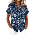 thumbnail image 3 of Tropical Floral Print Shirt for Women, Short Sleeve Button Down Collar Top - Summer Loose Fit Lightweight Blouse Blue L, 3 of 6