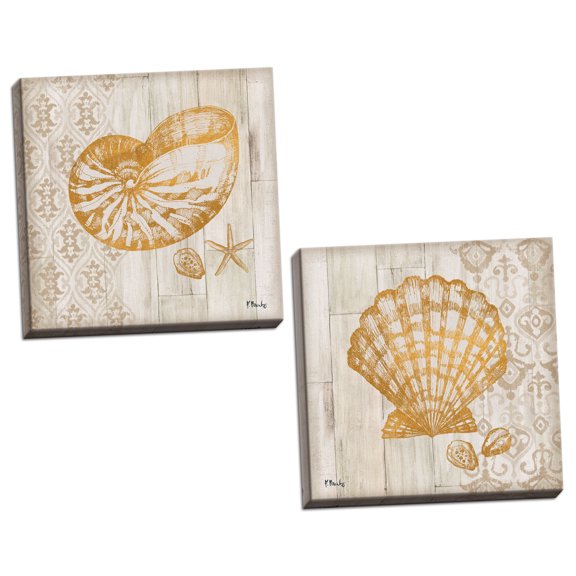 Gango Home Decor Coastal Distressed Beach Decor | Gold & Brown Saint Tropez Nautilus & Clam Shell Nautical by Paul Brent (Ready to Hang); Two 12x12in Hand-Stretched Canvases