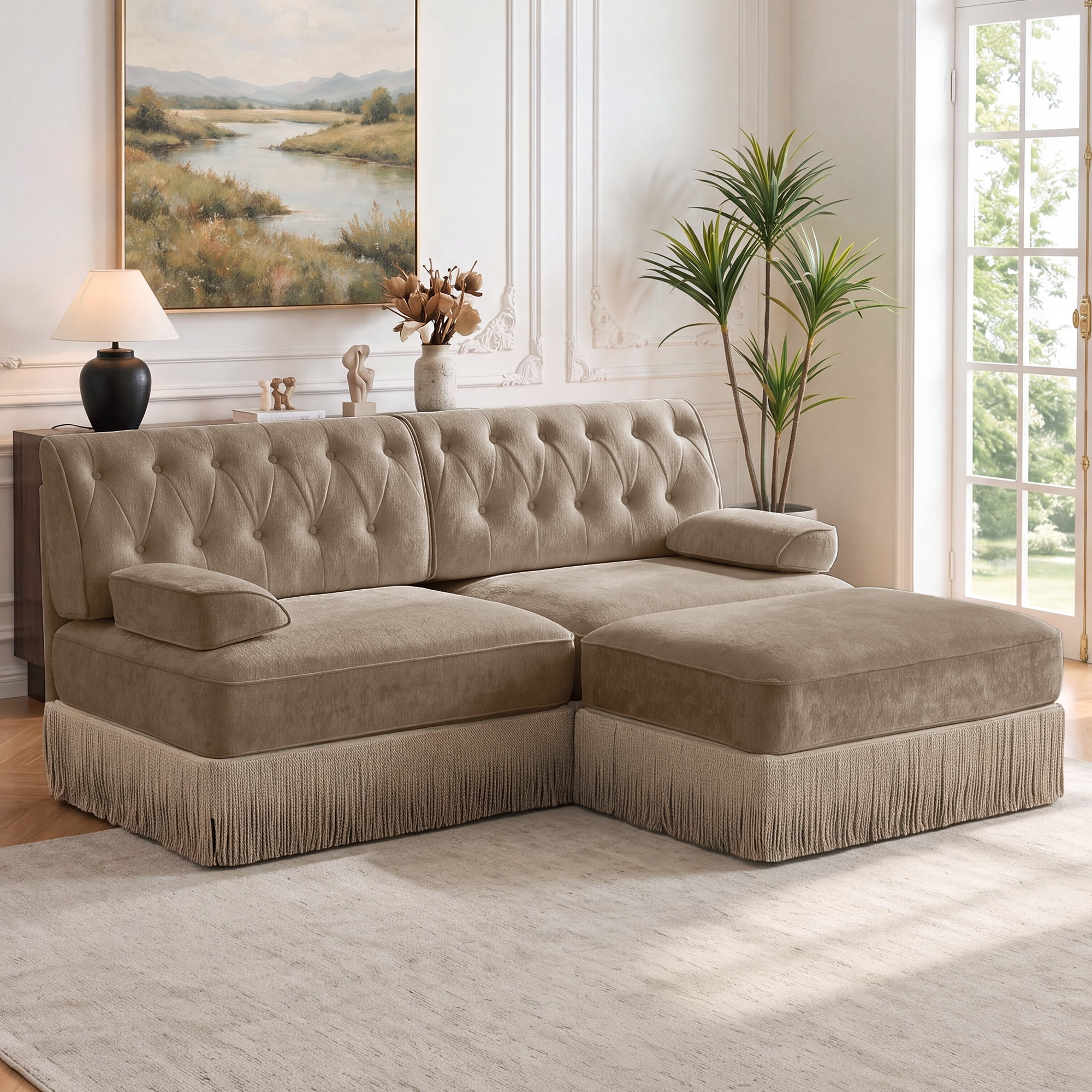 76.6" Chesterfield L-Shaped Modular Sectional Loveseat Sofa Set with Ottoman and Tassel Skirt, Easy to Assemble