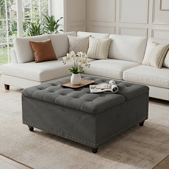 Bexfil Large Square Storage Ottoman, Coffee Table Storage Ottoman, Tufted Upholstered Oversized Square Ottoman for Living Room, Grey