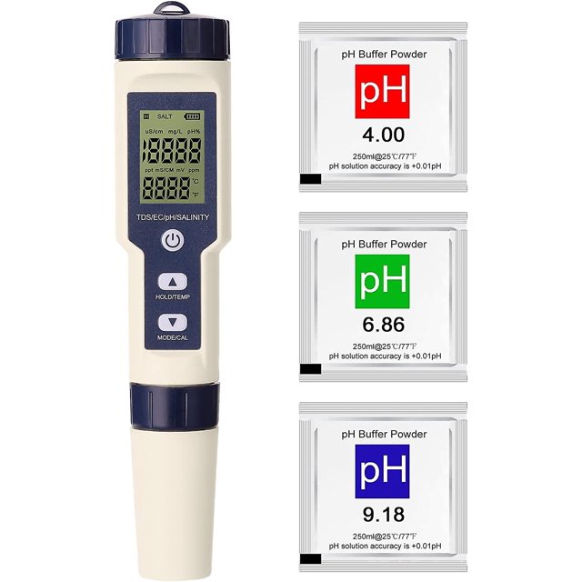 Probador de Calidad del Agua, 5 en 1 Ph/ec/tds/salinidad/termómetro Digital Multi-función Probador Con 3 Ph Buffer Polvos Feliz Sencillez