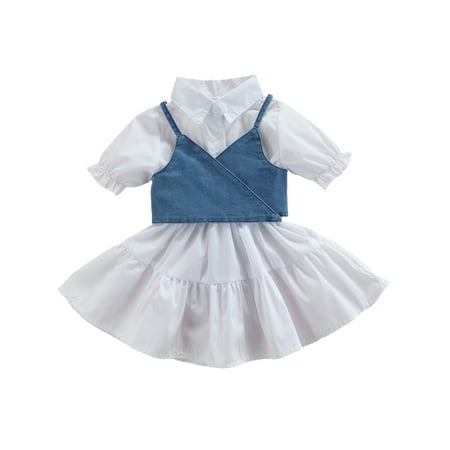 

Bebiullo Kids Girls Summer Clothes Sets 2pcs Solid Denim Strap Sleeveless Crop Tops + White Shirt Dresses