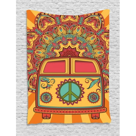 Coral Wall Hanging 70s Party Tapestry, Hippie Vintage Mini Van Ornamental Backdrop with Peace Sign Artwork, Wall Hanging for Bedroom Living Room Dorm Decor, Coral Orange Turquoise, by Ambesonne ()