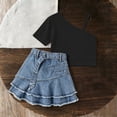 thumbnail image 5 of Kids Girls Sets Crew Neck Short Sleeves T-Shirt Tops And Pleated Elastic Waist Denim Skirt Outfits Bow Decoration Loose Casual Daily Clothes Summer Age 2-7 Years Black 4-5Years, 5 of 7